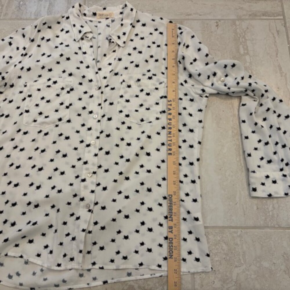 Just Living Black&White Cat Print Long Sleeve Roll Tab Blouse Large Novelty Boho - Picture 9 of 10
